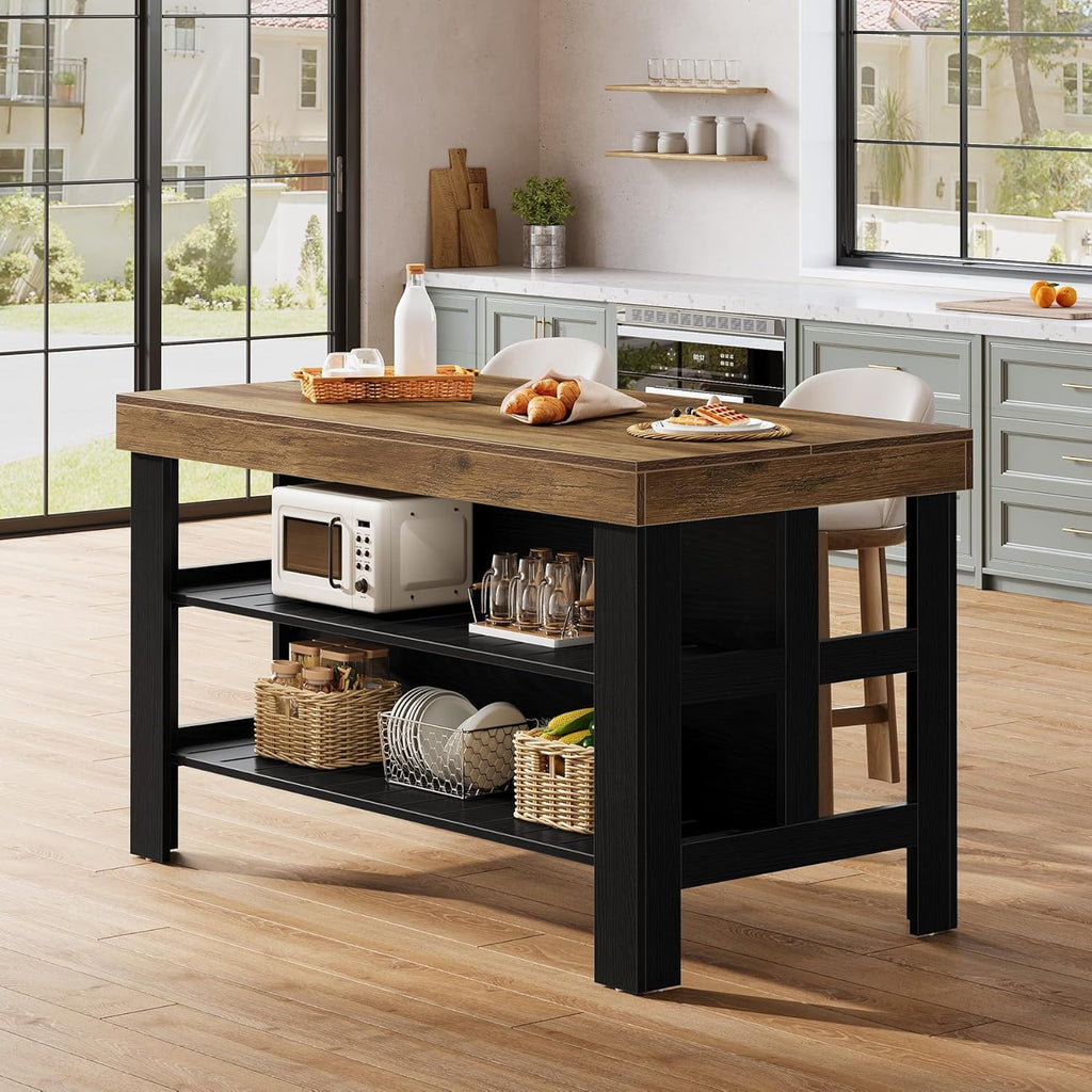 Tribesigns Kitchen Island with Seating and Storage Shelves, 55.1-Inch Breakfast Counter Farmhouse Island Table for Kitchen Dining Room (Brown and Black)