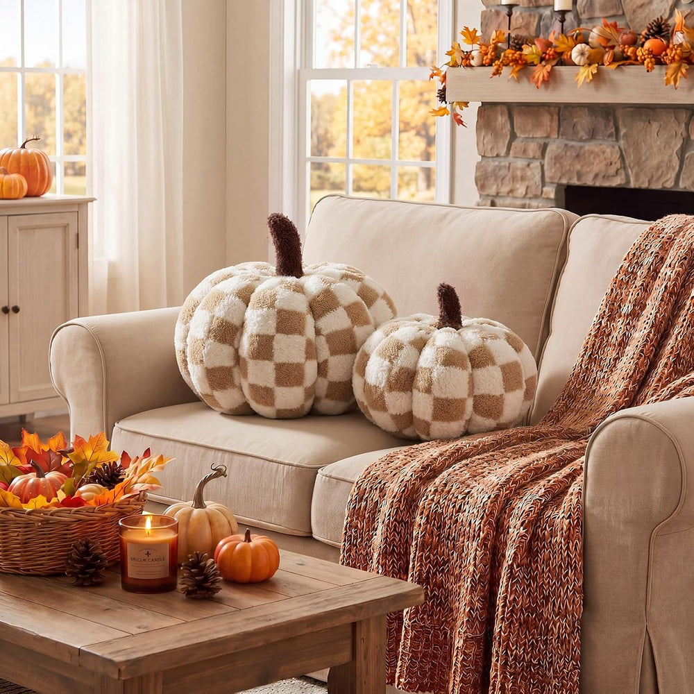 Leinuosen 2 Pcs Fall Pumpkin Pillows Checkerboard Halloween Pillow