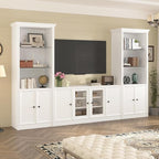 128.2" W Wall Unit Entertainment Center with Bookshelves for TVs up to 80", Multifunctional TV Stand Media Console with Tempered Glass Cabinets and Adjustable Shelves for Living Room (White-1.28)