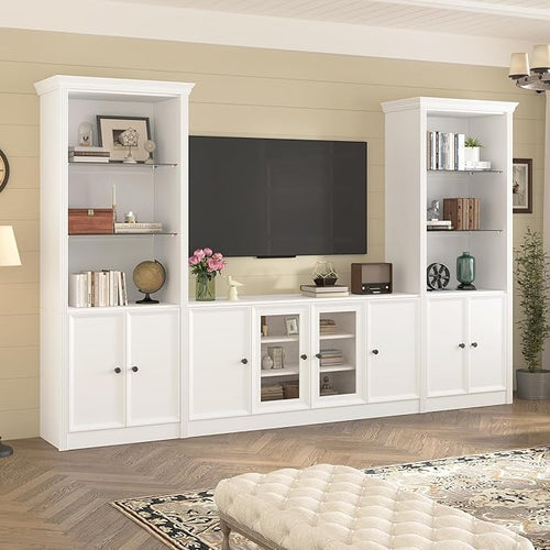 128.2" W Wall Unit Entertainment Center with Bookshelves for TVs up to 80", Multifunctional TV Stand Media Console with Tempered Glass Cabinets and Adjustable Shelves for Living Room (White-1.28)