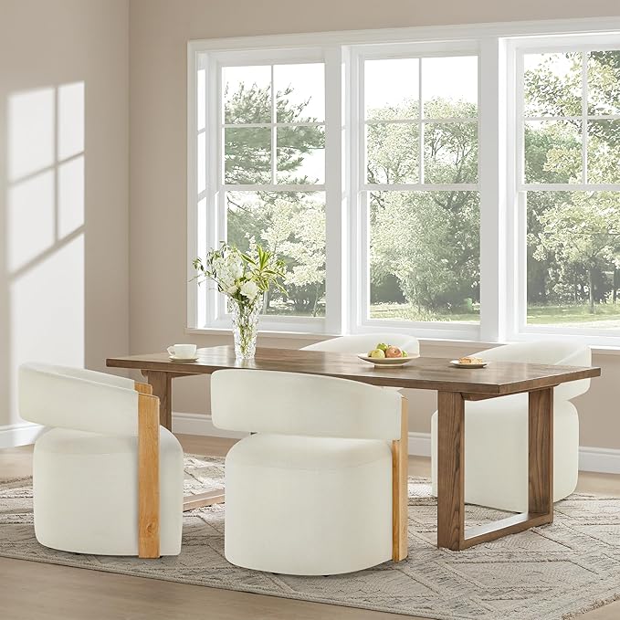 Upholstered Dining Chairs with Casters, Modern Barrel Side Armchair with Rollers & Wooden Armrest for Dining Room, Bedroom, Kitchen, Reading Room, Beige, Set of 4