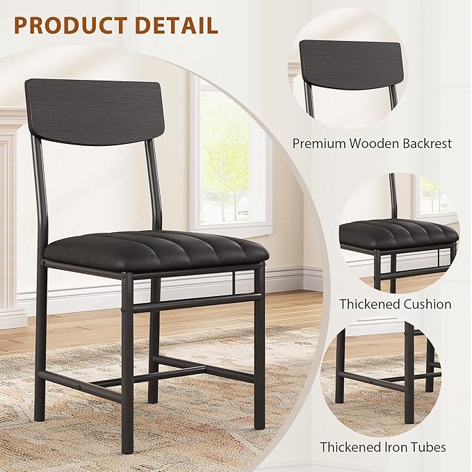 Industrial Dining Chairs Set of 6 - Upholstered Dining Room Chairs with PU Leather, Kitchen Chairs with Wooden Backrest and Thickened Metal Legs, for Dining Room, Living Room (6, Dark Black)