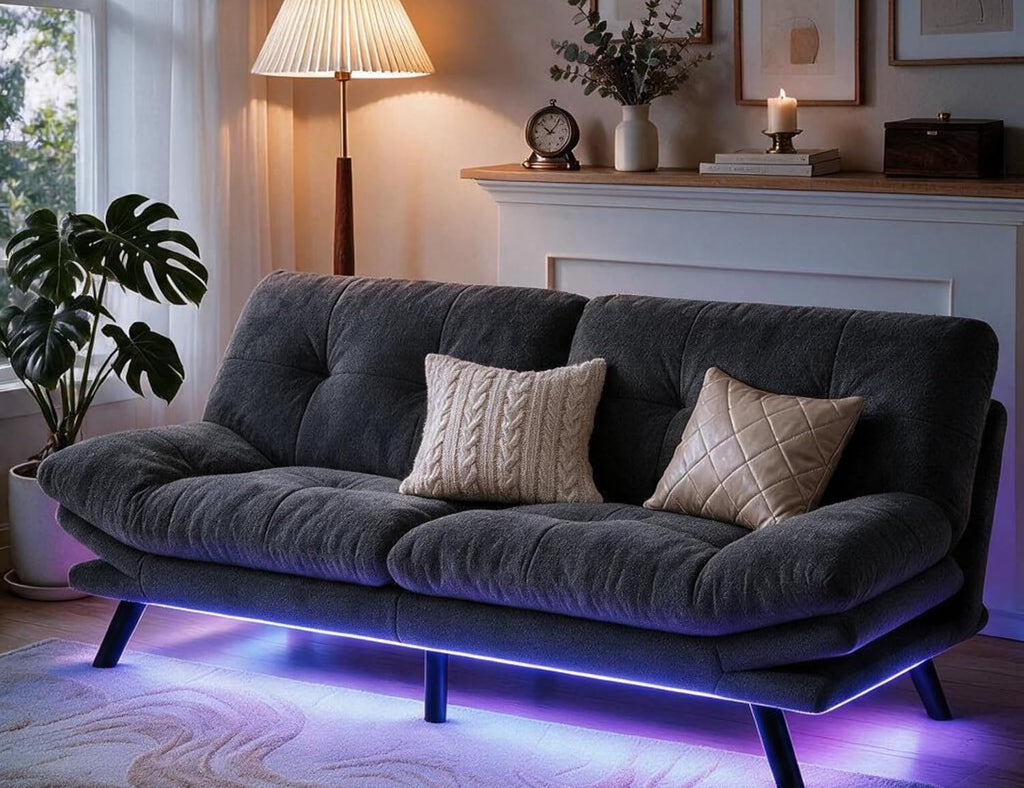 YITAHOME Convertible Futon Sofa Bed,70" Folding Futon Couch w/Led Lights | Modern Memory Foam Loveseat Sleeper Recliner w/ Adjustable Backrest& Armrests,for Living Room Home Office Aprtment,Grey