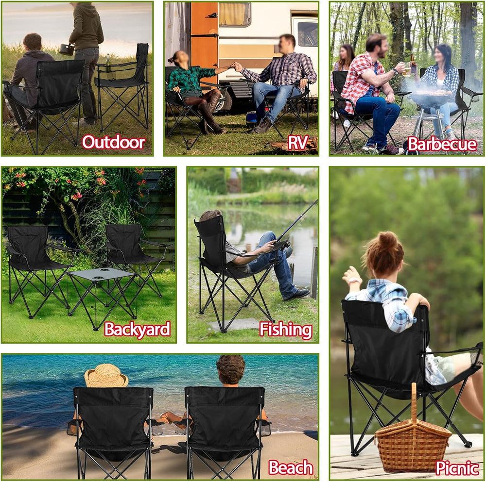 HaSteeL Folding Camping Chair Set of 3, Foldable Black Camp Chairs & Grey...