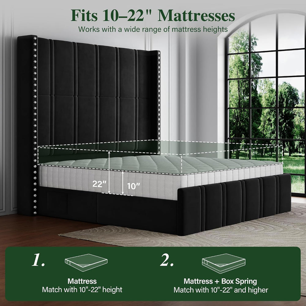 65.75" Tall King Size Bed Frame and Headboard, Black