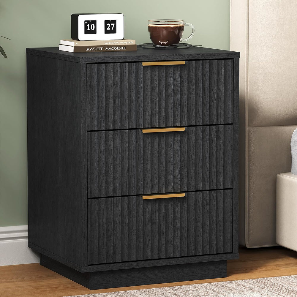 RoyalCraft Black Fluted Nightstand, Modern Bedside Table with 3 Large Storage...