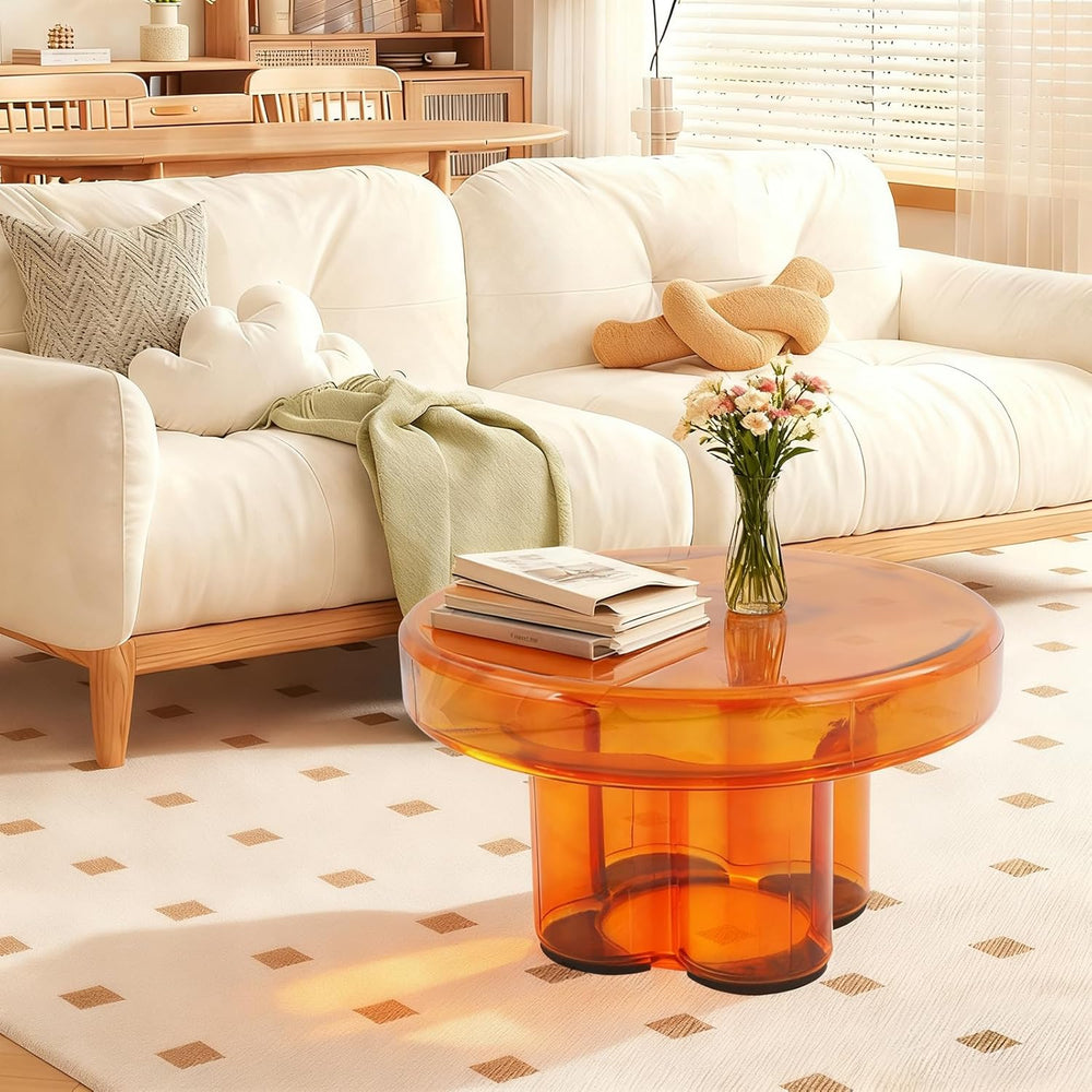 Coffee Table, Round Glass Side Table with Unique Petal Design Pedestal, Simpl...
