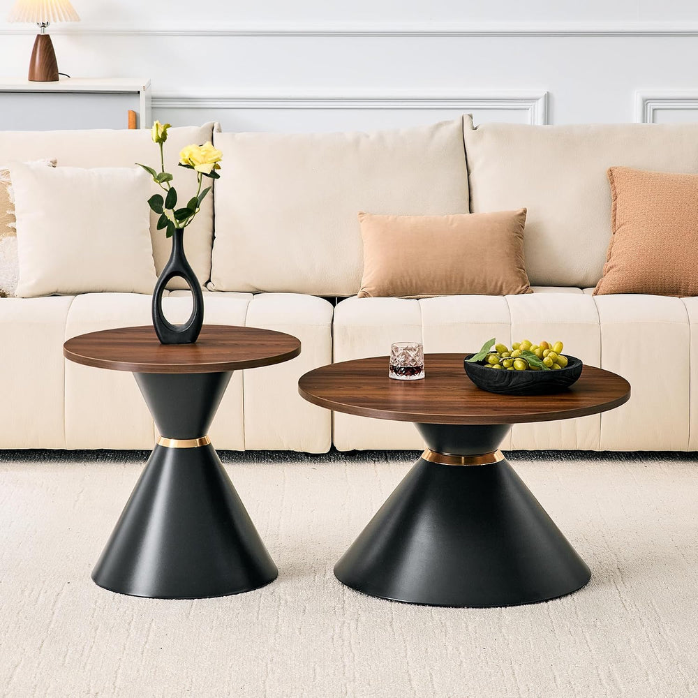 Round Coffee Table Set, Walnut Textured Top with Metal Base, Living Room &amp...
