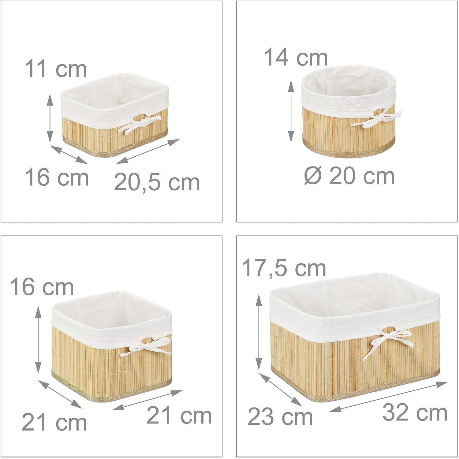Relaxdays Set of Bamboo Storage Baskets, HxWxD: 17.5 x 32 x 23 cm, Set of 4 Bins for the Shelf or Closet, Natural Brown