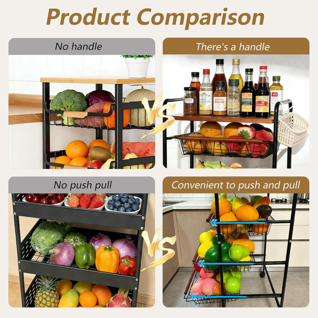 SWEETBLOOM Fruit Vegetable Storage Cart for Kitchen, 5-Tier Vegetable Stand Rack with Pull-Out Fruit Baskets, Rolling Snack Cart with Wood Top for Pantry, Living Room, Bathroom