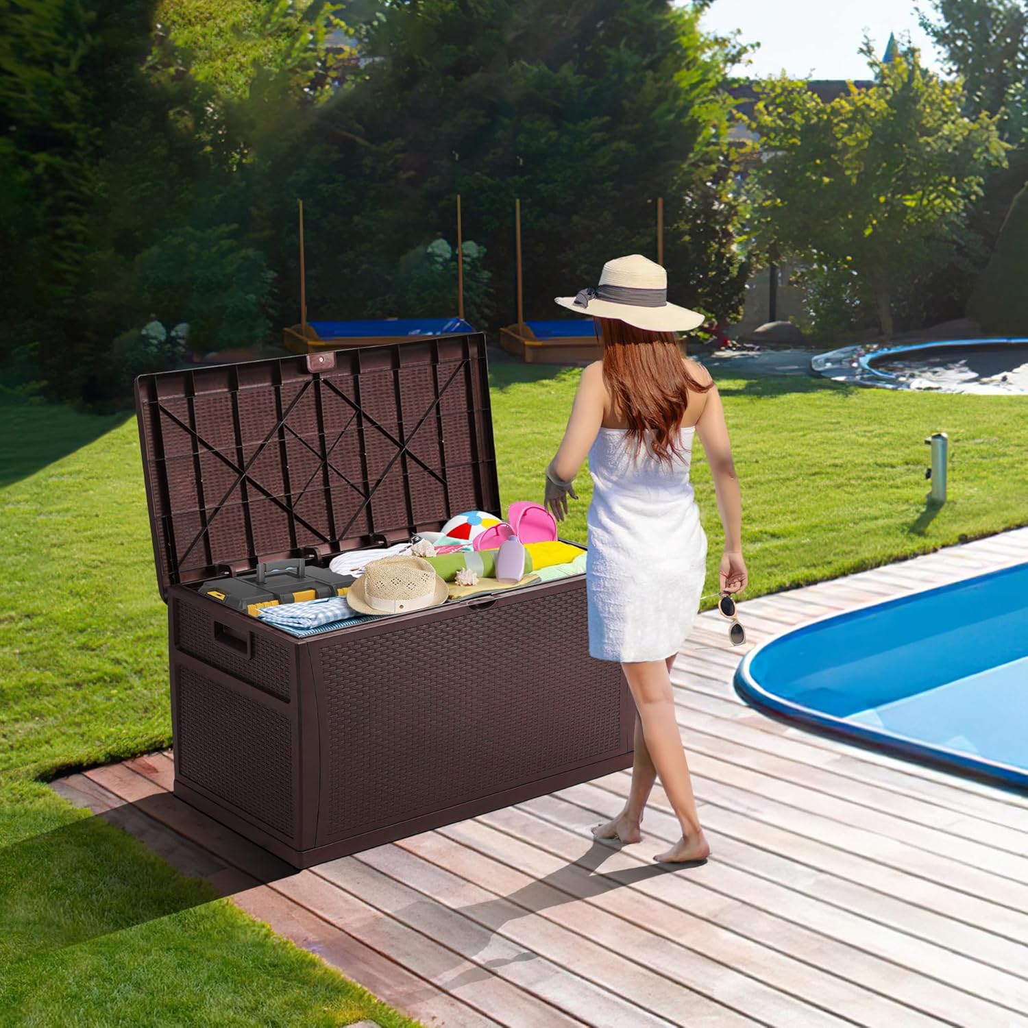 ZYJOYY 125 Gallon Resin Deck Box, Weatherproof Outdoor Storage Box for Patio, Garden, Pool, and Yard, Lockable Waterproof Bin for Tools, Cushions, and Accessories, Brown