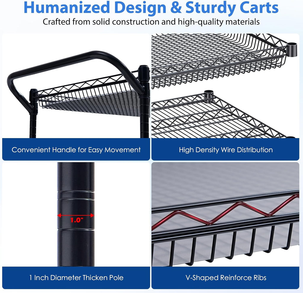 WDT 1350Lbs Capacity Heavy Duty Rolling Utility Cart, Large 3 Tier Rolling Carts with Wheels 24" Dx45 Wx39 H, NSF Commercial Grade Roll Metal Cart, Trolley Serving Cart for Garage, Kitchen, Warehouse