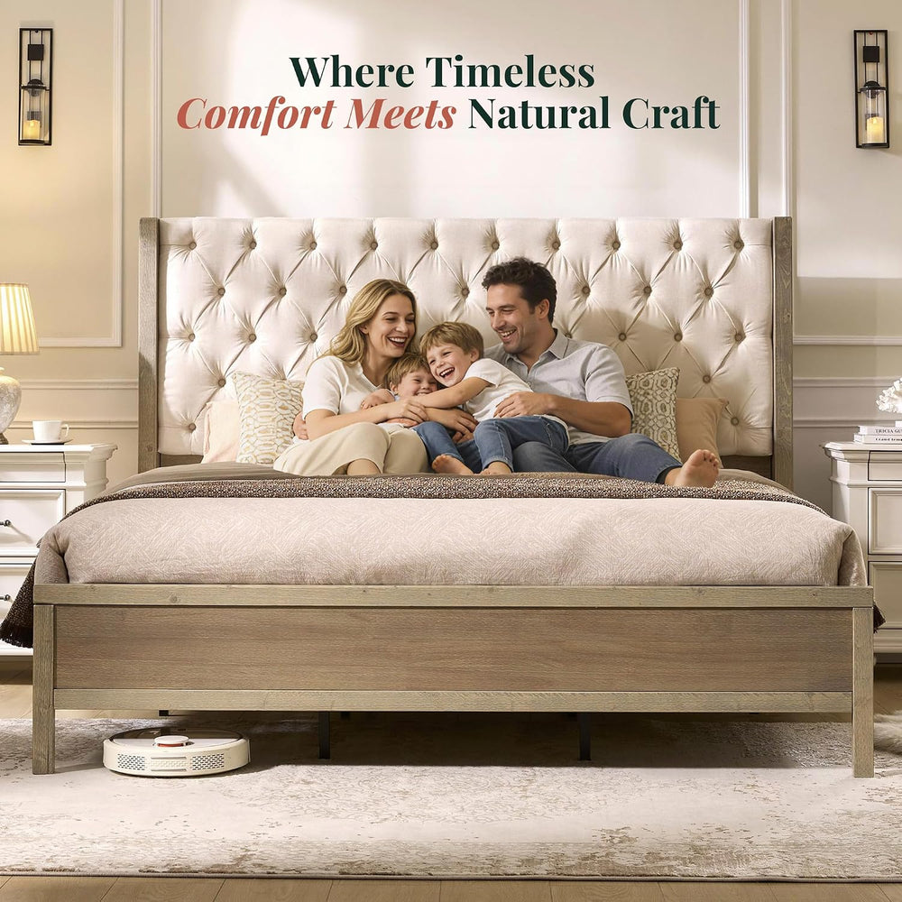 Jocisland Queen Size Solid Wood Bed Frame,57" Wingback Headboard,Gray Wash
