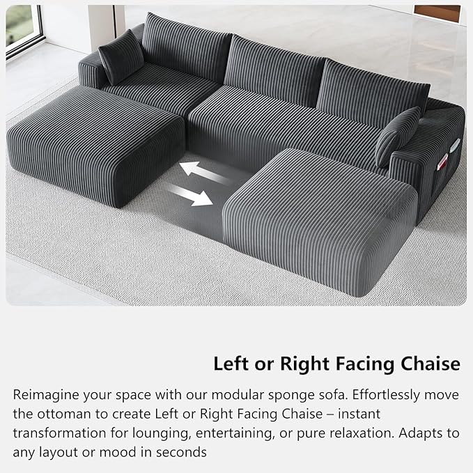 108" Cloud Couch Modular Sectional Sofa for Living Room,L Shaped Boneless Couch with Deep Seat Chaise,No Assembly Required Foam Sleeper Sofa for Apartments,Plush Corduroy Fabric, Dark Gray
