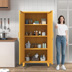 Heavy Duty 61" Lockable Pantry Cabinet, 2-Door 4-Tier Storage Cabinet with 3 Adjustable Shelves, Yellow Metal Kitchen Cabinet for Kitchen, Living Room, School Tool Storage, 61"H X 27.6"W X 13.8"D