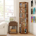 XIMN 360° Rotating Bamboo CD/DVD Shelf - 6-Tier Space-Saving Media Storage Cabinet for Movies, Organizer with Super Compact Design (Walnut, 6 Tier)