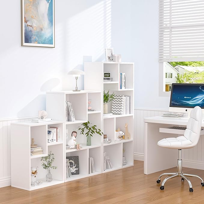 VECELO 42 Inch High Bookcase, 4-Tier Modern Storage Cabinet with Height Difference Shelves for Standard Textbooks, Floor Standing Display, 7 Cubes, Horizontal Avaiable, Easy Assembly, Pearl White