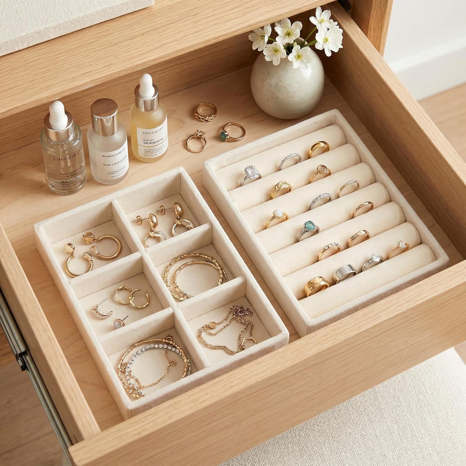 Small Jewelry Tray Set Velvet Ring Organizer Mini Jewelry Drawer Organizer Stackable Jewelrys Organizers Earrings Display Tray Storage Insert Holder for Box Drawer Dresser