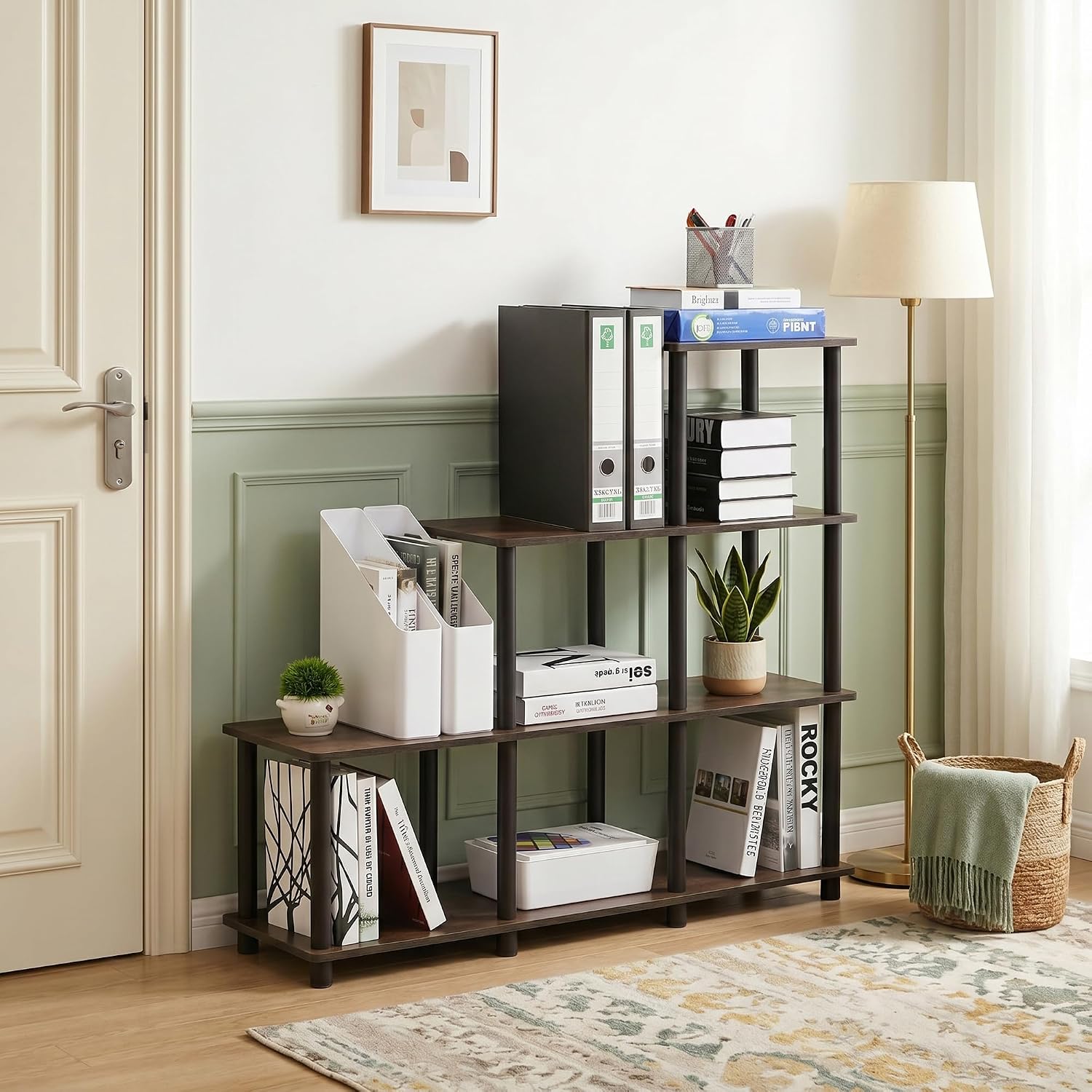 4-Tier Ladder Corner Shelf, 6 Cube Open Frame Book Shelf, Toolless Assembly Storage Shelves, Open Shelves for Organization and Storage, Garage, Home Office, Living Room, Walnut