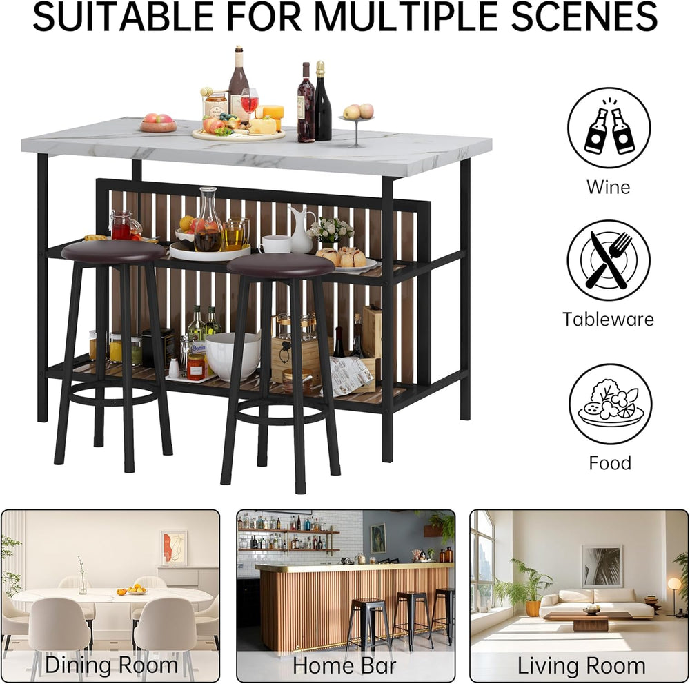 Recaceik 3 Piece Pub Set, Rectangular 2 Bar Stools, Faux Marble Dining Room S...