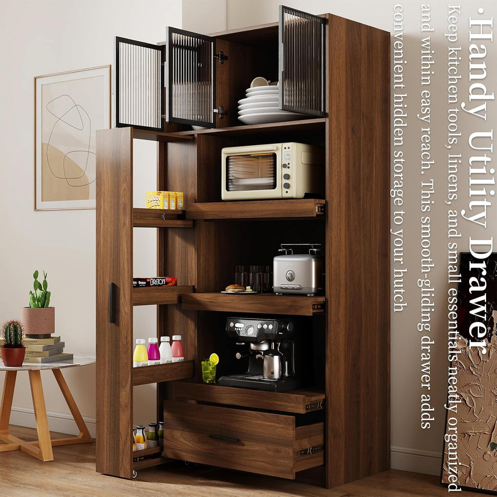 Tall Kitchen Hutch Cabinet with Pull-out Shelves & Drawer Freestanding Pa...