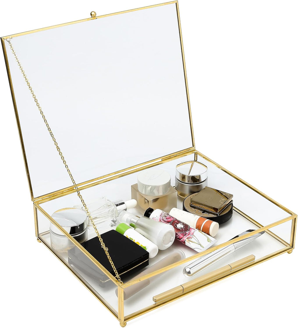Vintage Glass Jewelry Box Keepsake Box with Hinged Lid, Clear Rectangle Storage Box Great for Storage Trinket/Jewelry/Card/Photo,Gift for Birthday Wedding-GCB009-Large