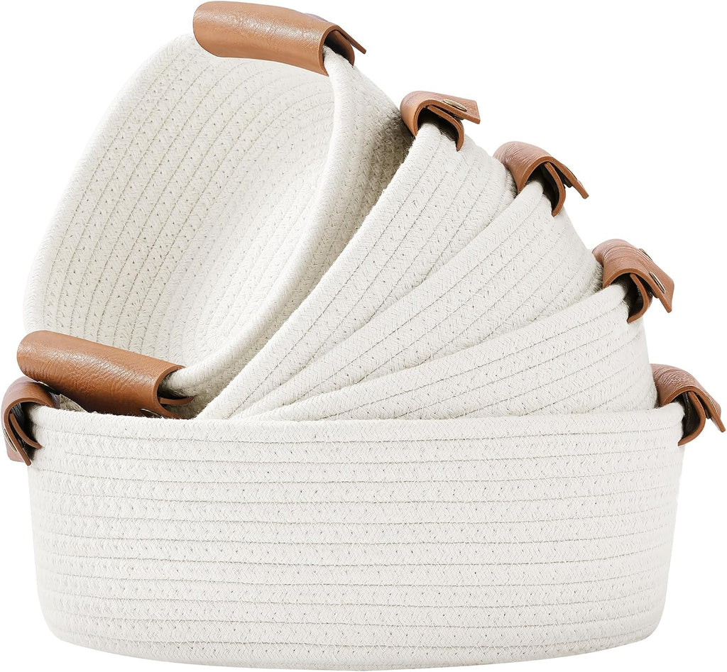 ECDYQXVU Small Woven Storage Baskets Cute Cotton Rope Basket Set 5 Pack | 5 Sizes Set, Leather Handles, Keeps Shape, Easy to Clean, Living Room, Bathroom, Drawer Organizer, Socks, Cosmetics, Decor