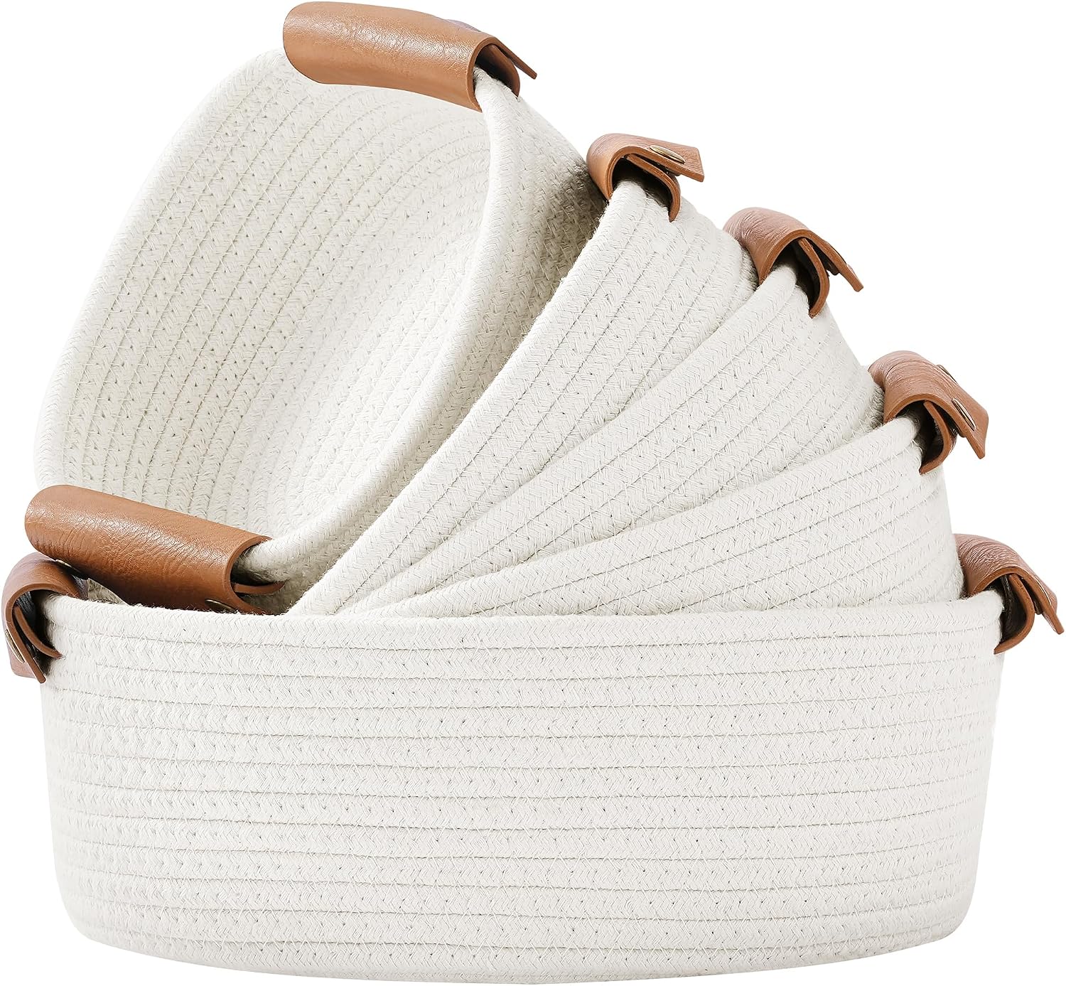ECDYQXVU Small Woven Storage Baskets Cute Cotton Rope Basket Set 5 Pack | 5 Sizes Set, Leather Handles, Keeps Shape, Easy to Clean, Living Room, Bathroom, Drawer Organizer, Socks, Cosmetics, Decor