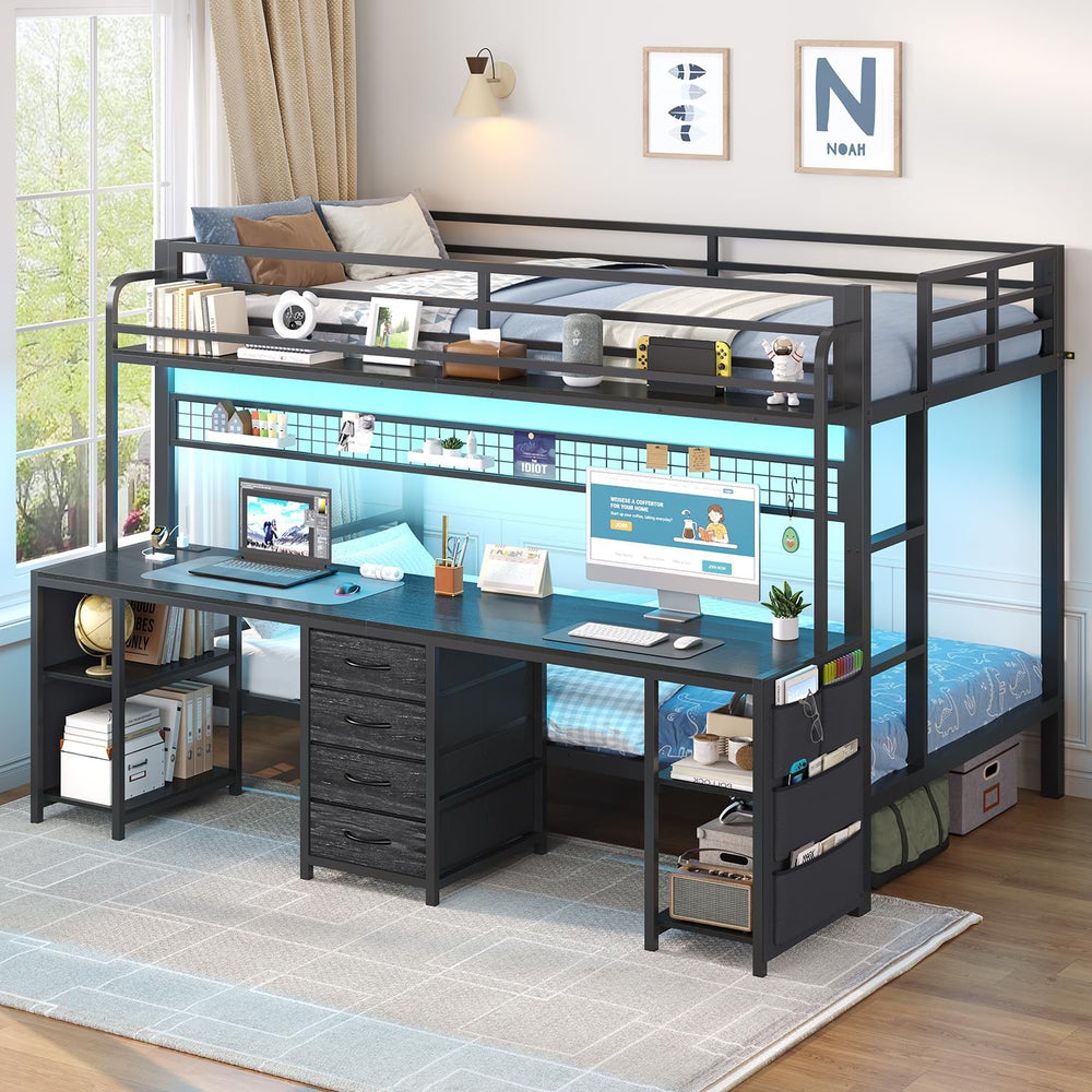 ADORNEVE Bunk Bed Twin Over Twin with 2 Person Desk, LED Lights, Black