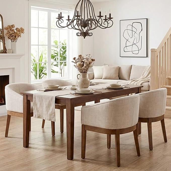 Mid Century Modern Upholstered Barrel Dining Chairs with Arms Set of 4, Farmhouse Linen Kitchen & Dining Room Chairs with Natural Hardwood Frame, 18" W Accent Chairs for Living Room Bedroom, Beige