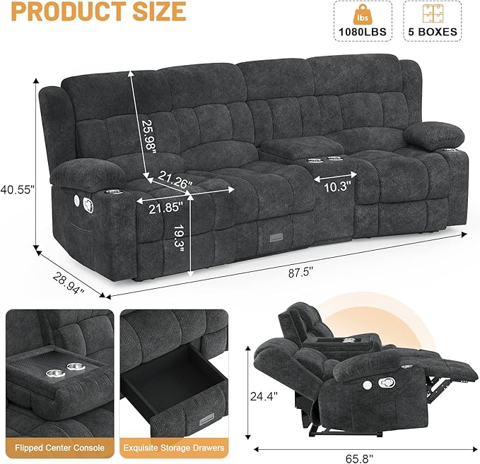 Recliner Sofa Set with Console, Flip Middle Backrest Design 3 Seater Reclining Sofa and Single Recliner Chair, Manual Couches for Living Room (Grey, 3 Seat+Console+1)