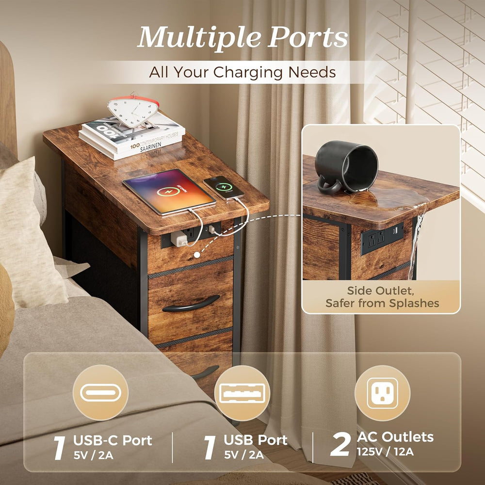Huuger Narrow End Table with Charging Station, Side Table with 2 Drawers