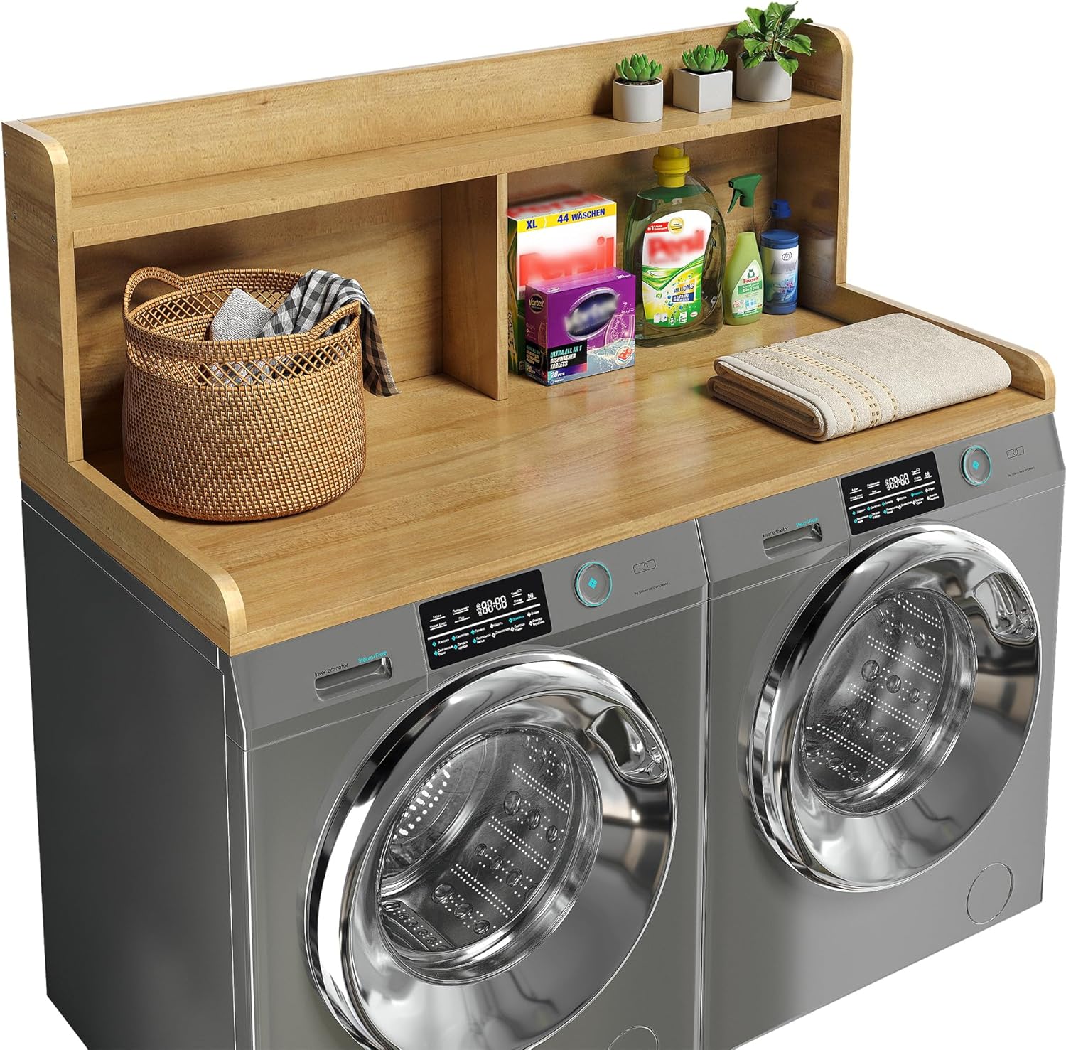 2-Tier Washer Dryer Countertop, 18.5" Raised Height Laundry Countertop with Edge Rails and Non-Slip Pad, 54"W x 27.55"D Washer and Dryer Topper for Laundry Room Storage Organization (Pure Wood Color)