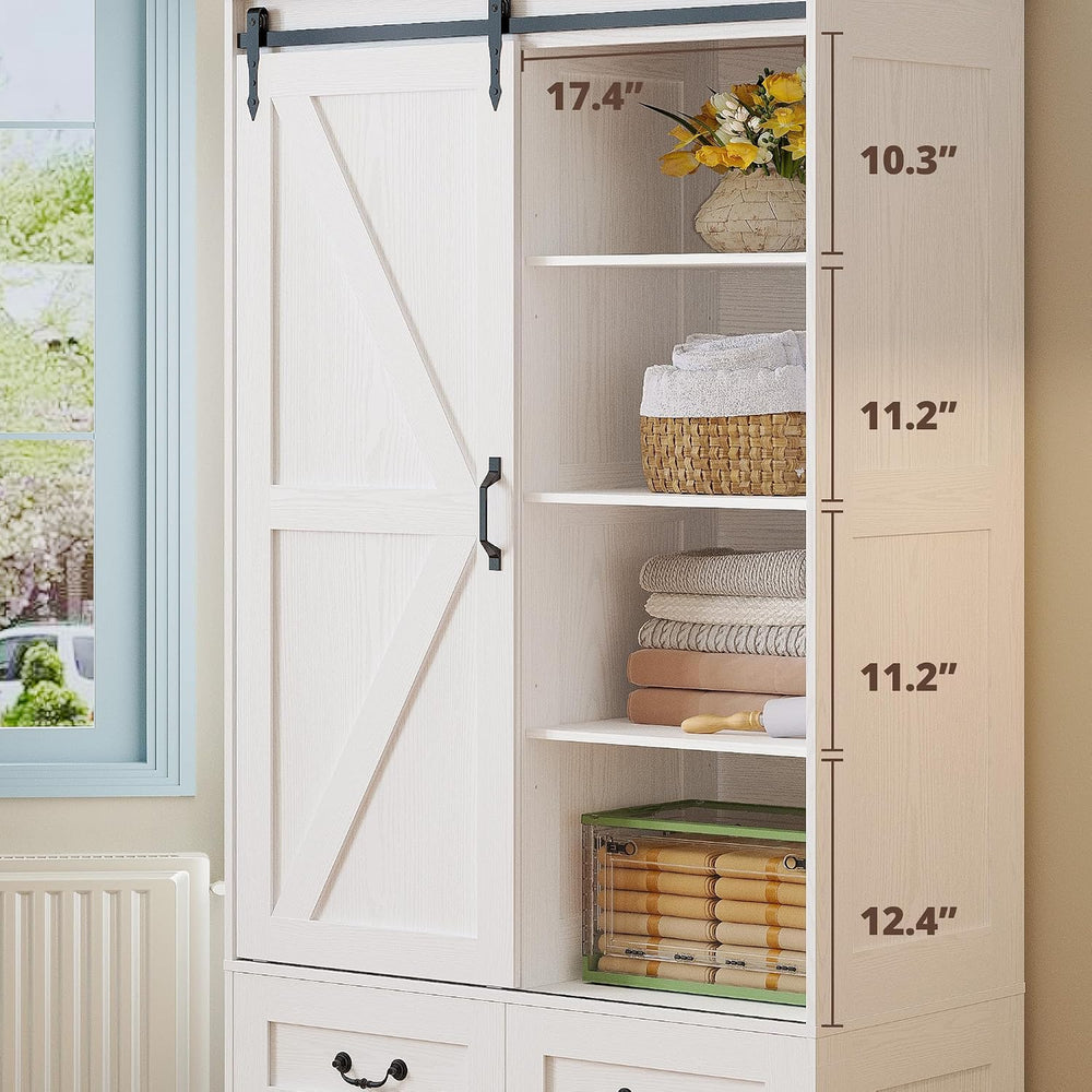 IRONCK Armoire Wardrobe Closet with 4 Drawers, Sliding Barn Doors, White
