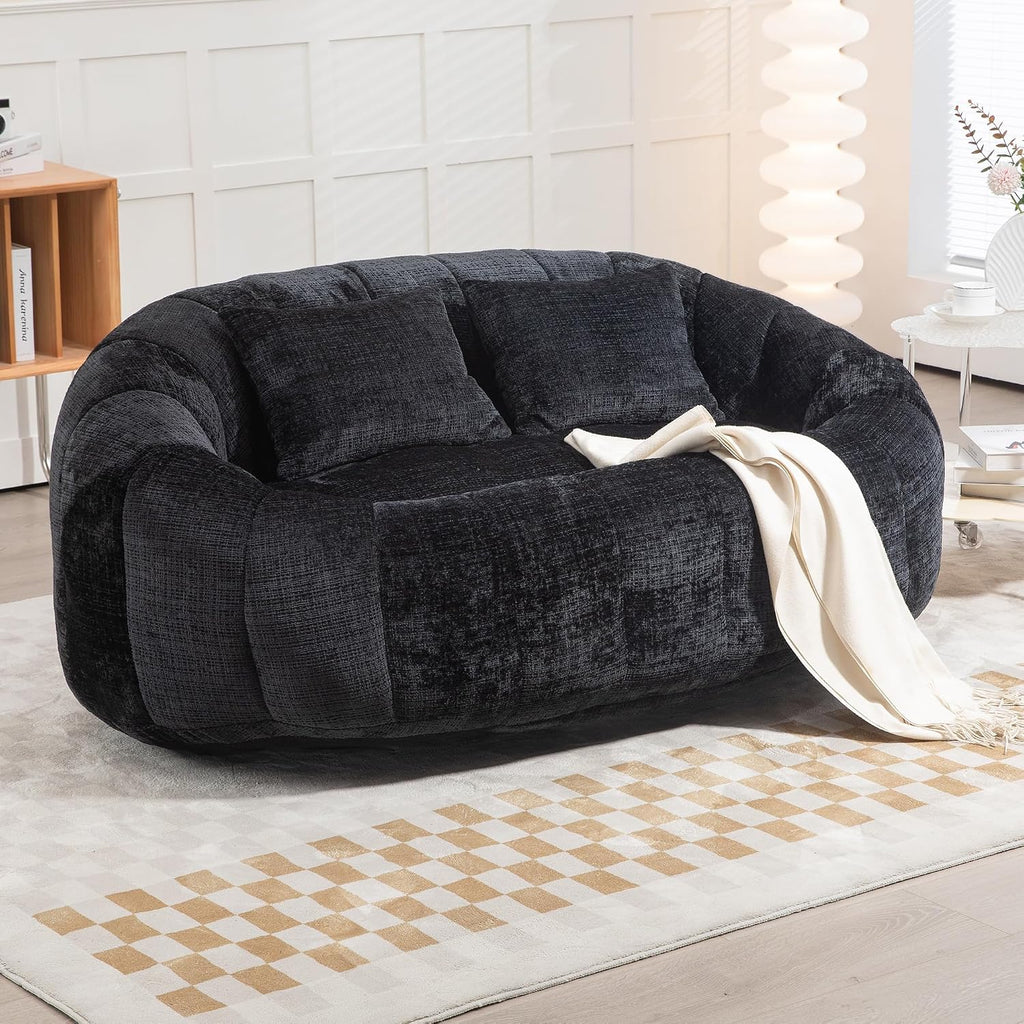 QQU Giant Bean Bag Chairs for Adult and Kids with 2 Pillows, 2-Seat Bean Bag Sofa with Armrest and Back, Chenille Loveseat Filling high -Density Foam, Large Lazy Sofa for Living Room, Bedroom,Black