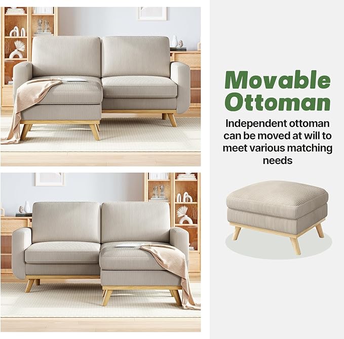 Vesgantti 68" Loveseat Sofa with Movable Ottoman, Comfy Corduroy Couch with Spring Cushion, Sofa Couch with Solid Wood, Modern Office Sofa with Deep Seat for Living Room and Bedroom, Light Gray