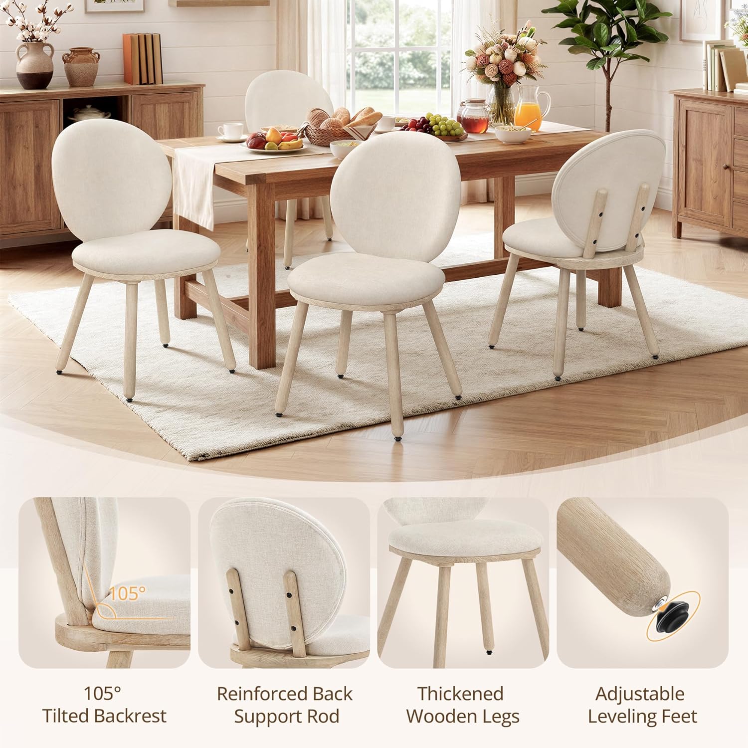 LUE BONA Dining Chairs Set of 4, Upholstered Fabric Kitchen Chairs with Dual-Spine Backrest, Kitchen Chair with Solid Wood Legs and Ergonomic Curved Seat, Easy Assembly for Kitchen Dining Room, Linen