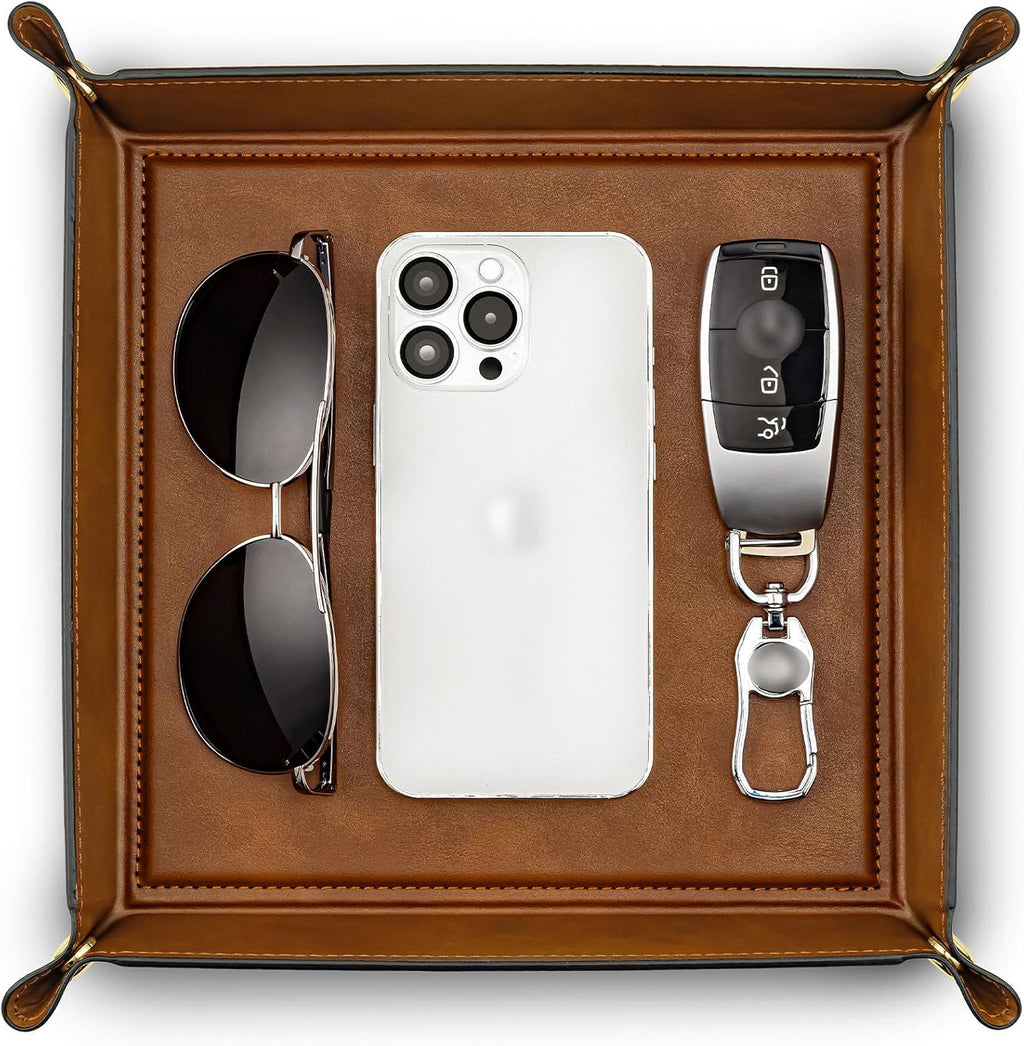 VLANDO Travel Valet Tray, Foldable PU Leather Catchall Tray, Light Brown | Large 8.5-Inch Key Tray for Wallet, Watch, Phone, Jewelry and Glasses, Nightstand Dresser Desk Entryway Organizer
