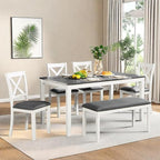 Dining Table Set for 5, 6-Piece Kitchen Table & Chairs Set with Rectangular Table, Bench & 4 Upholstered Chairs, 58.5'' Dinner Set with Wood Legs & X-Shaped Backrest for Kitchen, White&Gray