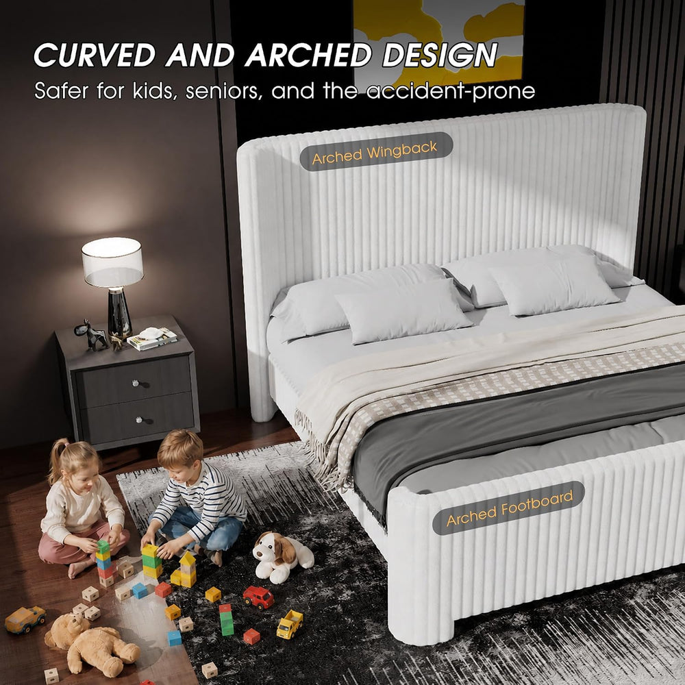 Ihanherry Queen Size Bed Frame with Faux-Fur Curved Wingback Headboard & ...