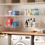 4" Extra Deeper Foldable Hanging Closet Organizer, Small Wire Cabinet Shelves and Storage with 5 S Hooks,4 Tier Metal Basket Bins for Clothes Sweaters Handbags, Wardrobe for Kitchen Laundry Room，White