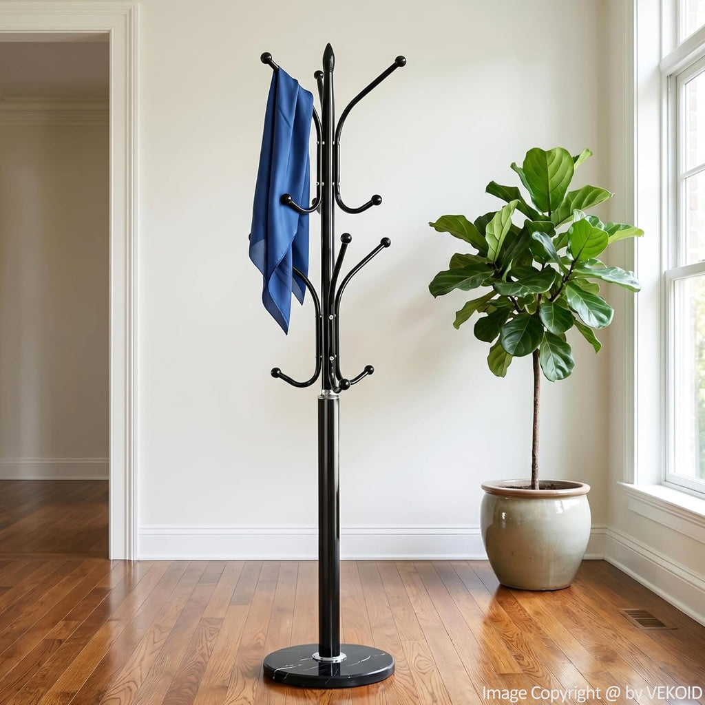 12 Hooks Metal Coat Rack Freestanding Coat Tree with Marble Base, Heavy Duty Coat Rack Stand for Clothes Hats Bags, Coat Hanger Stand for Corner Entryway Bedroom Office (Black)