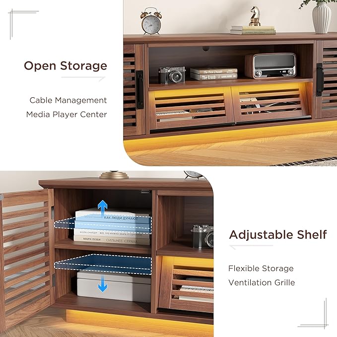 Maupvit Mid Century Modern TV Stand with LED Light for 50/55/60 inch TV, Retro Entertainment Center with Storage Cabinet & Slatted Doors & Grille Drawers, TV Media Console for Living Room, Bedroom