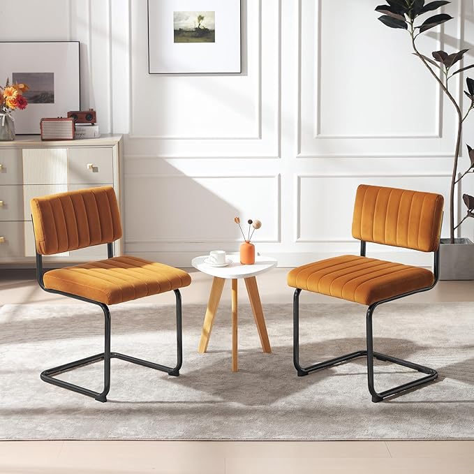 ONEVOG Velvet Dining Chairs Set of 2, Upholstered Kitchen Dining Room Chair, Comfy Chair with Black Metal Legs, Cantilevered Design Chair for Bedroom, Living Room (Orange)