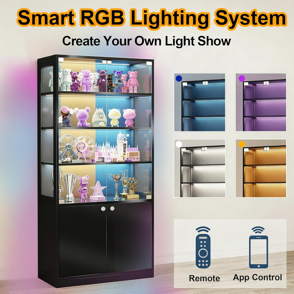 Display Cabinet with Glass Door - 7-Tiers Curio Cabinet Display Case with RGB...