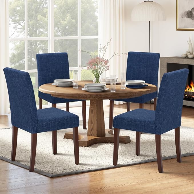 Upholstered Dining Chairs Set of 6 - Line Fabric Modern Farmhouse Kitchen Chairs,Mid-Back Dining Room Chairs with Wooden Legs
