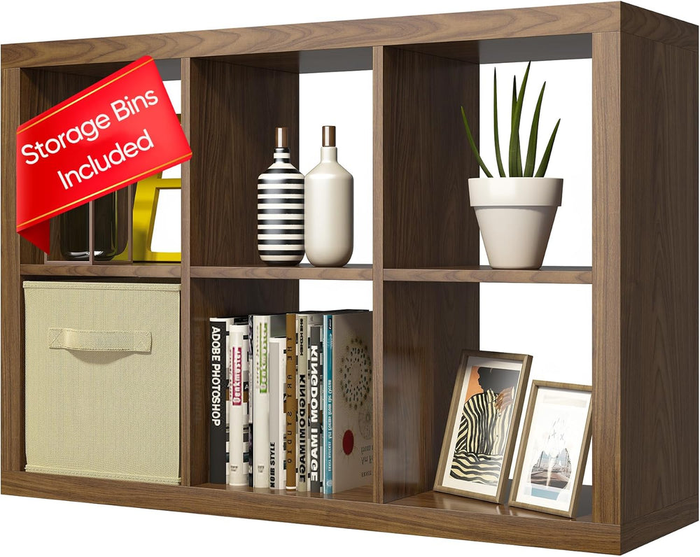 furtble Bookshelf with Storage Bin, 6-Cube Storage Organizer, Modern Wood Ope...