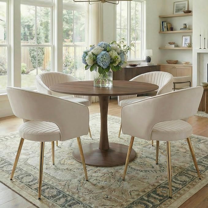 Faux Leather Dining Chairs Gold Legs, Modern Cream PU Leather Dining Room Chairs with Arms Set of 6 Upholstered Accent Chair Armchair with Barrel Back for Kitchen Living Room