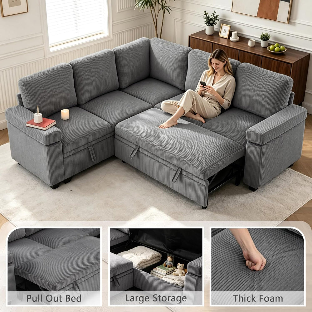 86 Inch L Shaped Sectional Sleeper Sofa with Storage, Sectional Modular Couch...