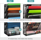 File Organizer Wall Mounted, 4 Tiers Durable Adjustable Metal Desk Organizer, Desktop Hanging File Holder with 4 Pen Slots Stable, 4 Pull-Out Divider for File, Mail, Black, Patent Pending